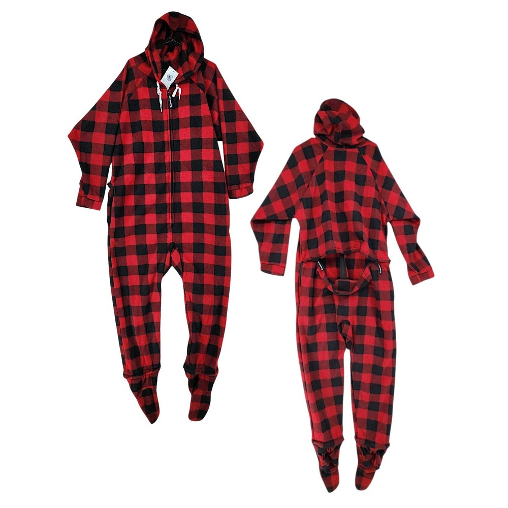 Forever Lazy Pajama M Women One Piece Red Buffalo Plaid Hooded Fleece Drop Seat